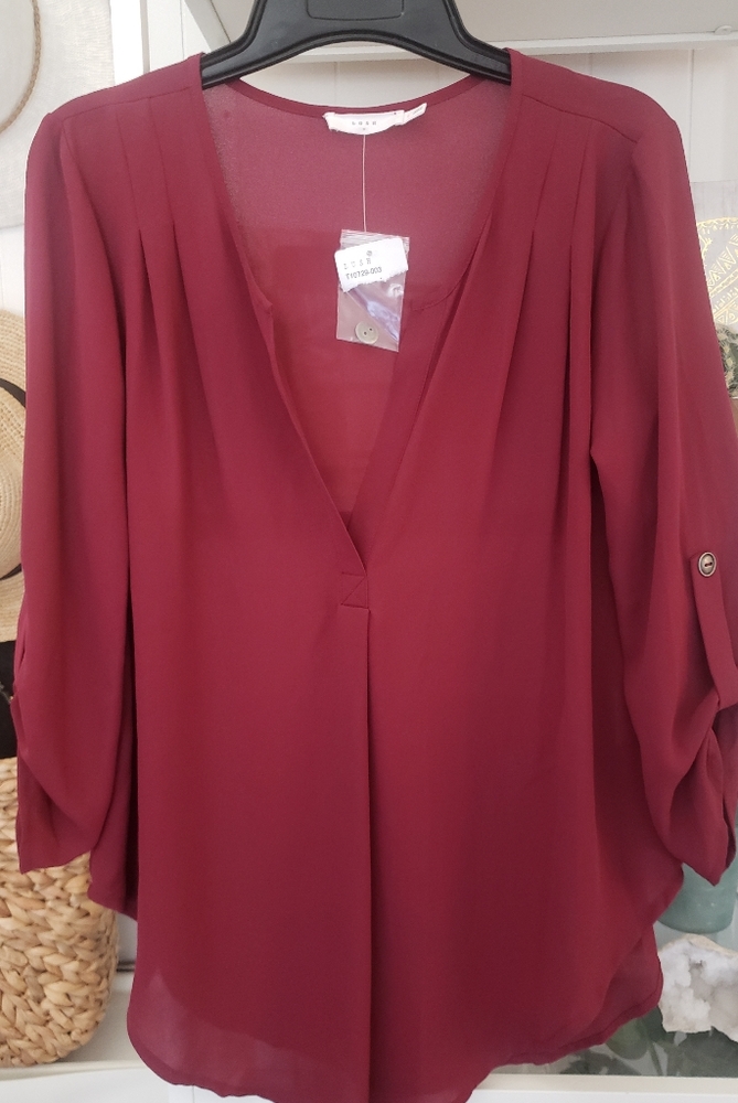 Womens Split Neck Roll Sleeve Tunic Blouse